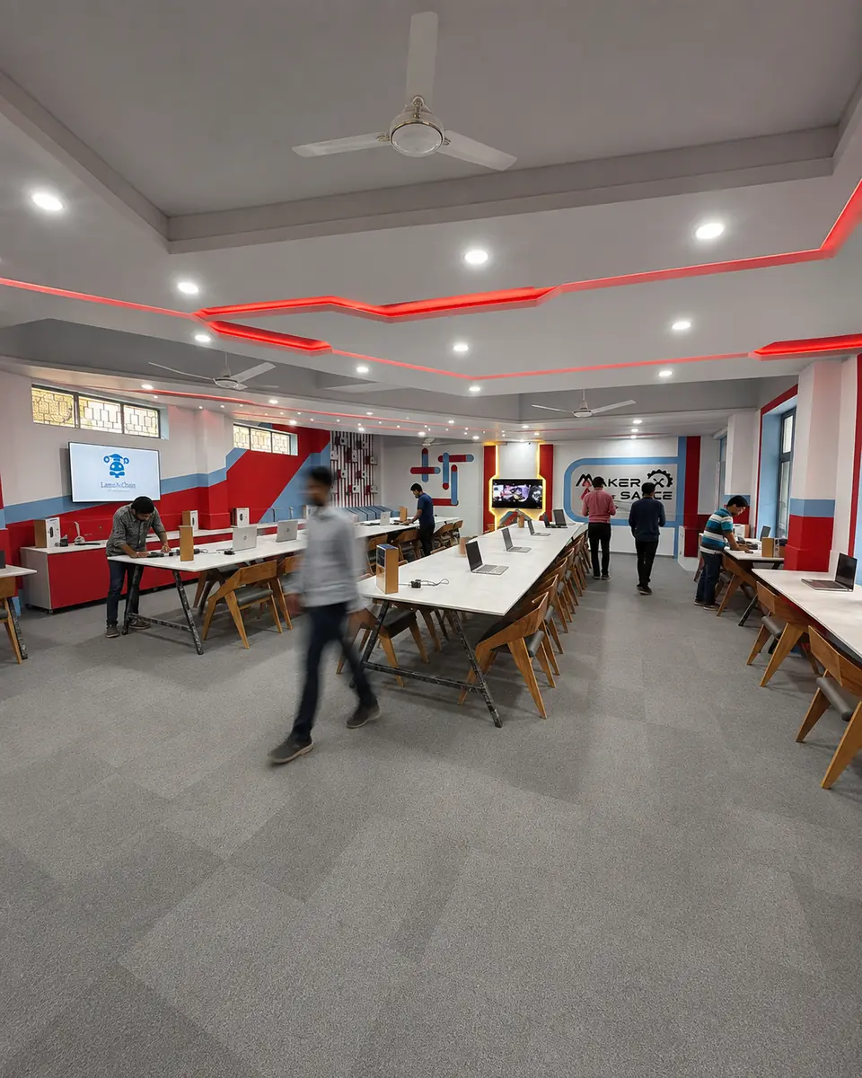 Students at the shared benches in the Maker Space